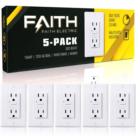FAITH 15A GFCI Outlets, GFI Duplex Receptacles W/ LED Indicator & Wall Plate, ETL Listed, Wht, 5PK GLS-15A-WH-05